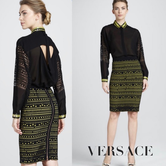🎉HP Versace Pencil Skirt Lasercut Black/Neon NWT - Picture 1 of 6